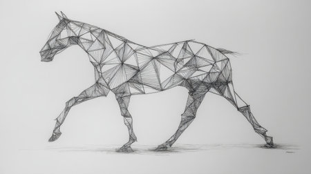This abstract geometric illustration of a horse combines elegance and creativity, using intricate triangular patterns to convey movement and artistic style.の素材