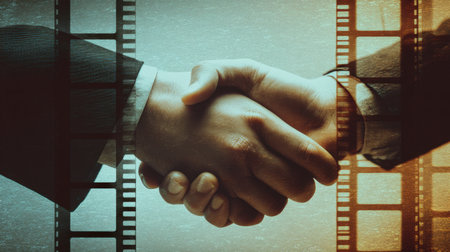 This image features a close-up of two hands shaking in agreement, set against a film strip overlay, symbolizing collaboration and trust in creative and business ventures.の素材