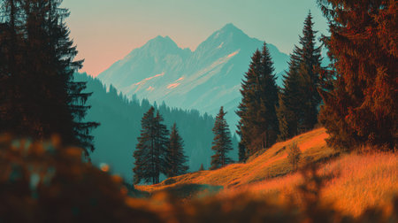 A breathtaking view of towering mountains surrounded by a lush green forest, captured during golden hour, radiating tranquility and beauty.の素材