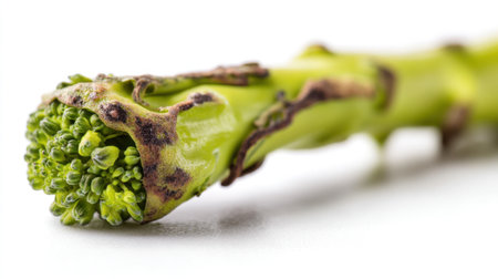 This close-up image showcases a piece of fresh asparagus, highlighting its unique textures and organic imperfections against a clean white background, perfect for culinary and health-focused imagery.の素材