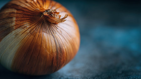 This close-up photo showcases a fresh brown onion resting on a textured dark background, featuring soft focus and rich natural patterns. Perfect for culinary themes.の素材