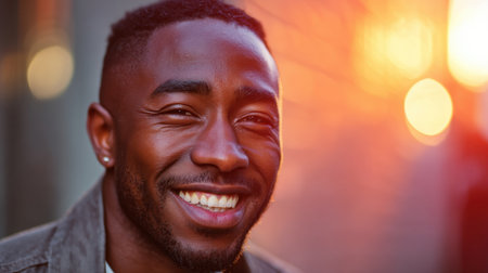 A vibrant portrait of a young man smiling with genuine joy, surrounded by warm sunlight. The image captures a moment of happiness and positivity.の素材