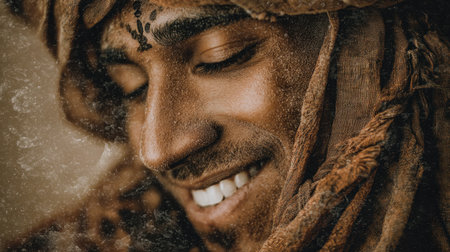 A portrait of a smiling man adorned in traditional attire, showcasing intricate facial art and warm, textured fabrics, evoking cultural richness.の素材