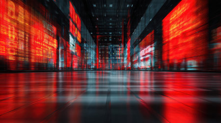 This dynamic image showcases a futuristic urban interior characterized by glowing red lights and abstract digital displays, creating an immersive technological atmosphere.の素材