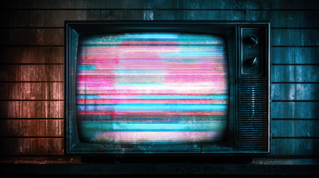 A vintage television set displays a vibrant static screen, featuring colorful distortion patterns in a dimly lit room, creating a nostalgic atmosphere.の素材