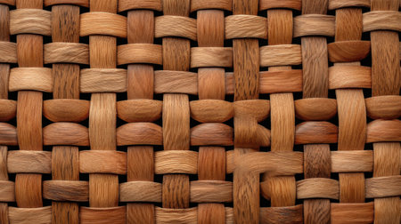 This close-up image showcases an intricate wooden weave featuring alternating light and dark tones. The detailed pattern highlights the natural beauty and craftsmanship, making it perfect for design, decor, and textile themes.の素材