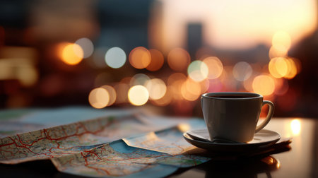 A serene scene featuring a cozy cup of coffee resting on a vintage map, with a beautiful bokeh effect capturing an urban sunset backdrop.の素材