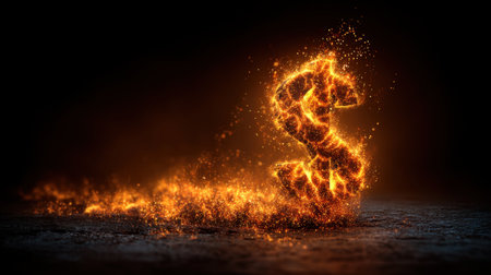 A mesmerizing visual representation of a dollar sign formed from glowing sparks and flames set against a dark background, capturing the essence of wealth and success.の素材