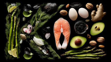 This stunning arrangement showcases a selection of fresh ingredients ideal for healthy cooking, featuring salmon, asparagus, avocado, and eggs, beautifully presented on a black background.の素材