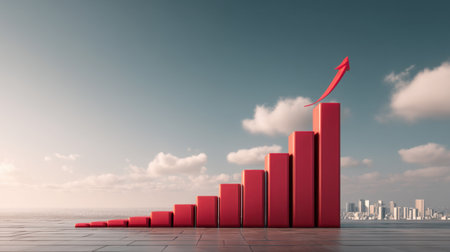 This striking image features a rising graph made of red bars and an upward arrow, set against a clear sky and urban skyline. Perfect for business concepts.の素材