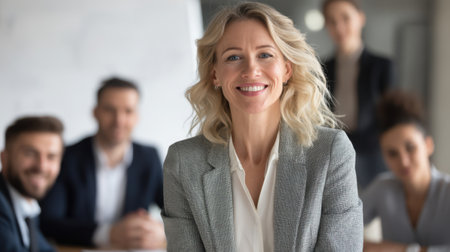 A confident female business leader smiles brightly in a modern office meeting, surrounded by her engaged team members, showcasing teamwork and leadership.の素材