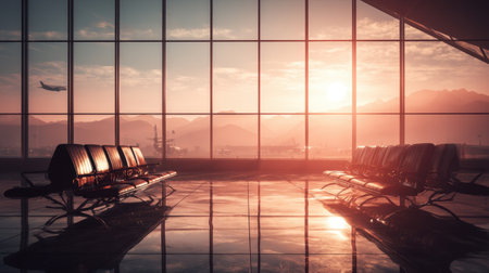 An empty airport terminal showcases a stunning sunset view through large glass windows. The mountains silhouette adds to the serene atmosphere, perfect for travelers seeking peace before their journey.の素材