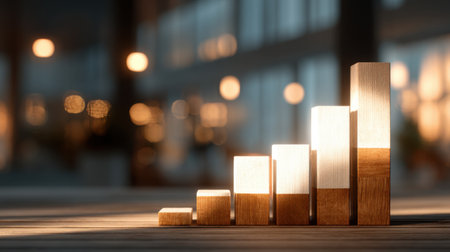 A captivating wooden bar graph representing business growth in a stylish office setting, illuminated by soft natural light, highlights progress and potential.の素材