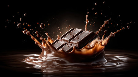 A stunning visual of chocolate bars splashing into a pool of rich dark chocolate, capturing the essence of indulgence and culinary delight.の素材