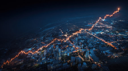 Captivating visualization of a growth chart soaring over a vibrant city at night, illustrating trends in finance and technology.の素材