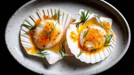 Experience the exquisite taste of gourmet scallops served with a vibrant orange sauce and fresh herbs on a stylish plate, ideal for fine dining.の素材