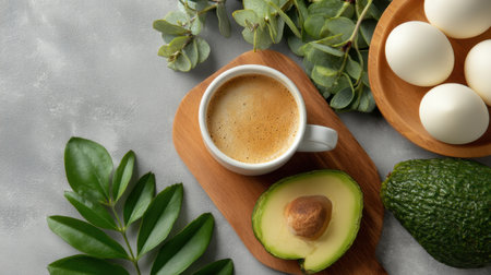 A delightful arrangement of fresh avocado, a steaming cup of coffee, and eggs atop a wooden board with lush green leaves. Perfect for health enthusiasts!の素材