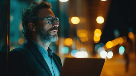 A thoughtful man in glasses uses a laptop outdoors at night, surrounded by city lights, symbolizing creativity and inspiration in a modern lifestyle.の素材
