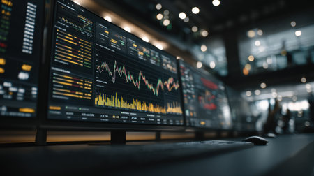 A sleek modern office showcases multiple advanced monitors displaying dynamic stock market data and financial analytics, representing a high-tech trading environment.の素材