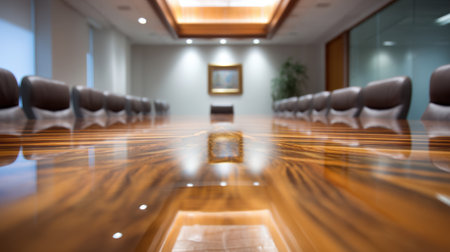 A spacious and modern conference room featuring a polished wood table and stylish chairs, illuminated by soft ambient lighting, ideal for meetings.の素材