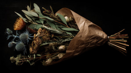 Discover a stunning collection of dried flowers arranged with greenery wrapped in rustic brown paper, embracing a serene and elegant aesthetic perfect for enhancing home decor.の素材