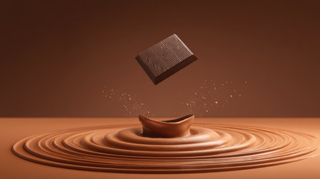 An artistic representation of a chocolate bar suspended above molten chocolate, creating enticing swirls and ripples on a rich brown surface.の素材