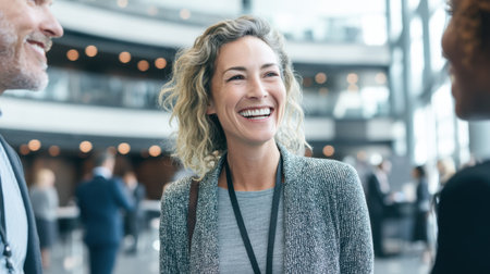 A cheerful woman dressed in professional attire engages with colleagues at a vibrant conference. The stylish indoor setting enhances the mood of collaboration and positivity among participants.の素材