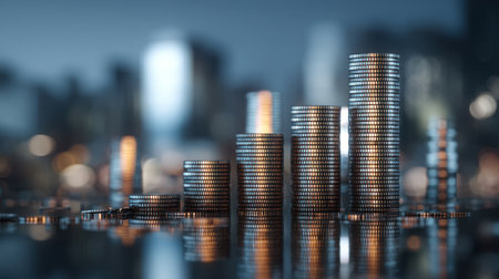 A close-up view of stacked coins on a reflective surface, symbolizing financial growth and investment potential in a dynamic urban environment.の素材