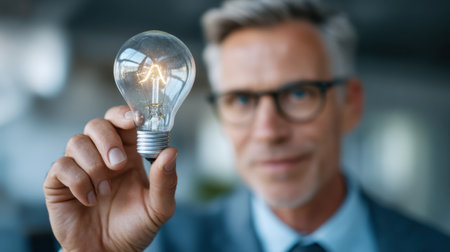A confident businessman holds a glowing light bulb, representing innovation and creative ideas, in a modern office environment.の素材