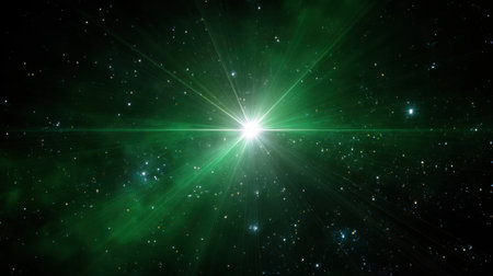 A stunning representation of a green starburst emerging from the depths of space, surrounded by a beautiful cosmic backdrop filled with distant celestial bodies and ethereal light.の素材