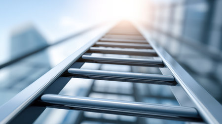 A striking perspective view of a metal ladder leading to a bright light, set against a modern architectural backdrop, symbolizes ascent and progress.の素材
