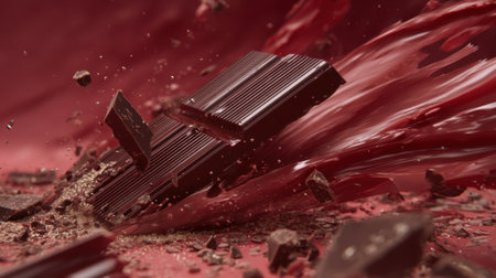 A captivating image showcasing rich dark chocolate pieces in a dynamic splash on a swirling red background, emphasizing indulgence and creativity.の素材