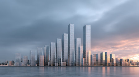 Stunning cityscape featuring modern skyscrapers reflecting beautifully in calm waters during sunset, enveloped by dramatic clouds.の素材