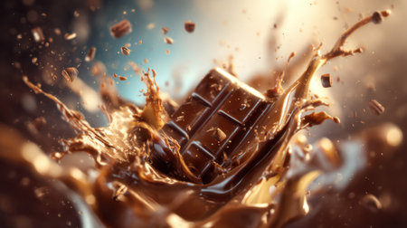 Experience the enticing moment of a chocolate bar splashing into rich liquid chocolate, creating an artful explosion of flavor and texture.の素材