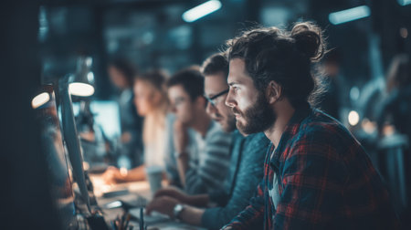 A focused young man works diligently late at night in a modern office, immersed in a creative environment alongside colleagues.の素材
