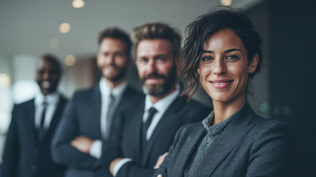 A diverse business team showcases confidence and professionalism in a modern office setting, promoting an atmosphere of collaboration and success.の素材