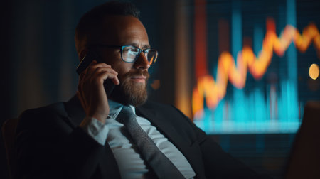 A focused businessman engages in a phone conversation while analyzing financial market trends on a laptop. The office setting provides a modern backdrop for discussions around investment strategies and market performance.の素材