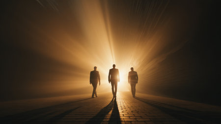 Three silhouetted figures walk confidently towards a bright light in a dark urban environment, creating a dramatic and mysterious atmosphere.の素材
