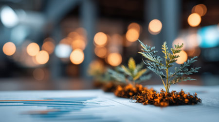 A close-up view of small green plants emerging from soil on financial charts, symbolizing the union of nature and business growth, highlighting sustainability and prosperity.の素材