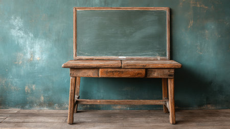 This image showcases a vintage wooden desk paired with a sleek chalkboard, set against a textured green wall. Perfect for educational themes.の素材