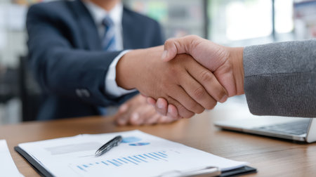 Two business professionals engage in a handshake, symbolizing agreement and cooperation, in a modern office environment with financial materials visible on the table.の素材