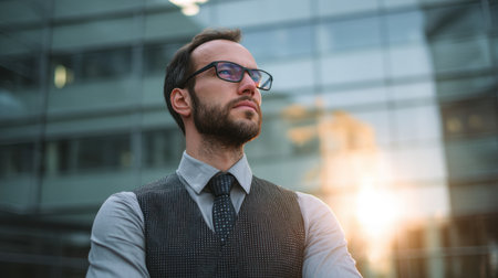 A confident business professional stands outdoors near a modern office building, showcasing a thoughtful expression and a sense of determination.の素材