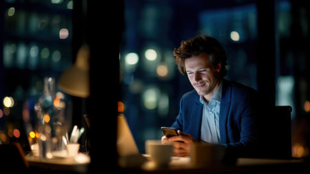 A professional man engages with his smartphone in a modern office setting during night hours. The cozy ambiance and cityscape view create a perfect atmosphere for focused work and relaxation.の素材