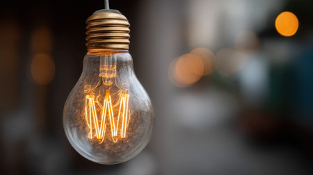 This image features a vintage Edison bulb with a warm glow, suspended against a softly blurred urban backdrop, creating a cozy atmosphere.の素材