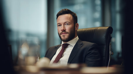 A confident businessman in a modern office setting, displaying a thoughtful expression while seated in a stylish chair, embodying professionalism and ambition.の素材