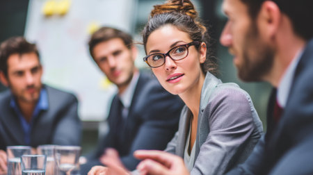 A focused businesswoman engages in an important discussion with her team in a modern conference room. The atmosphere reflects professionalism and collaboration as they navigate ideas and strategies.の素材