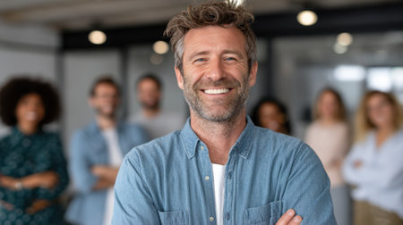 A confident smiling man stands in a modern office environment, surrounded by a diverse team, showcasing collaboration and positivity in the workplace.の素材