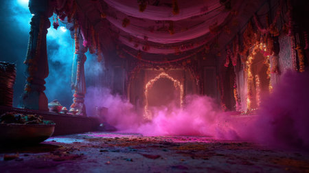 Experience the vibrant spirit of a traditional Indian celebration, filled with colorful smoke and festive decorations, creating an enchanting atmosphere.の素材