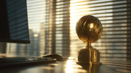 A striking image of a golden trophy placed on a desk in an office setting, with sunlight casting dynamic shadows through blinds, symbolizing achievement and inspiration.の素材