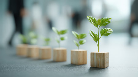 A serene image of green seedlings emerging from wooden blocks in a modern workspace, suggesting themes of growth, prosperity, and sustainability.の素材